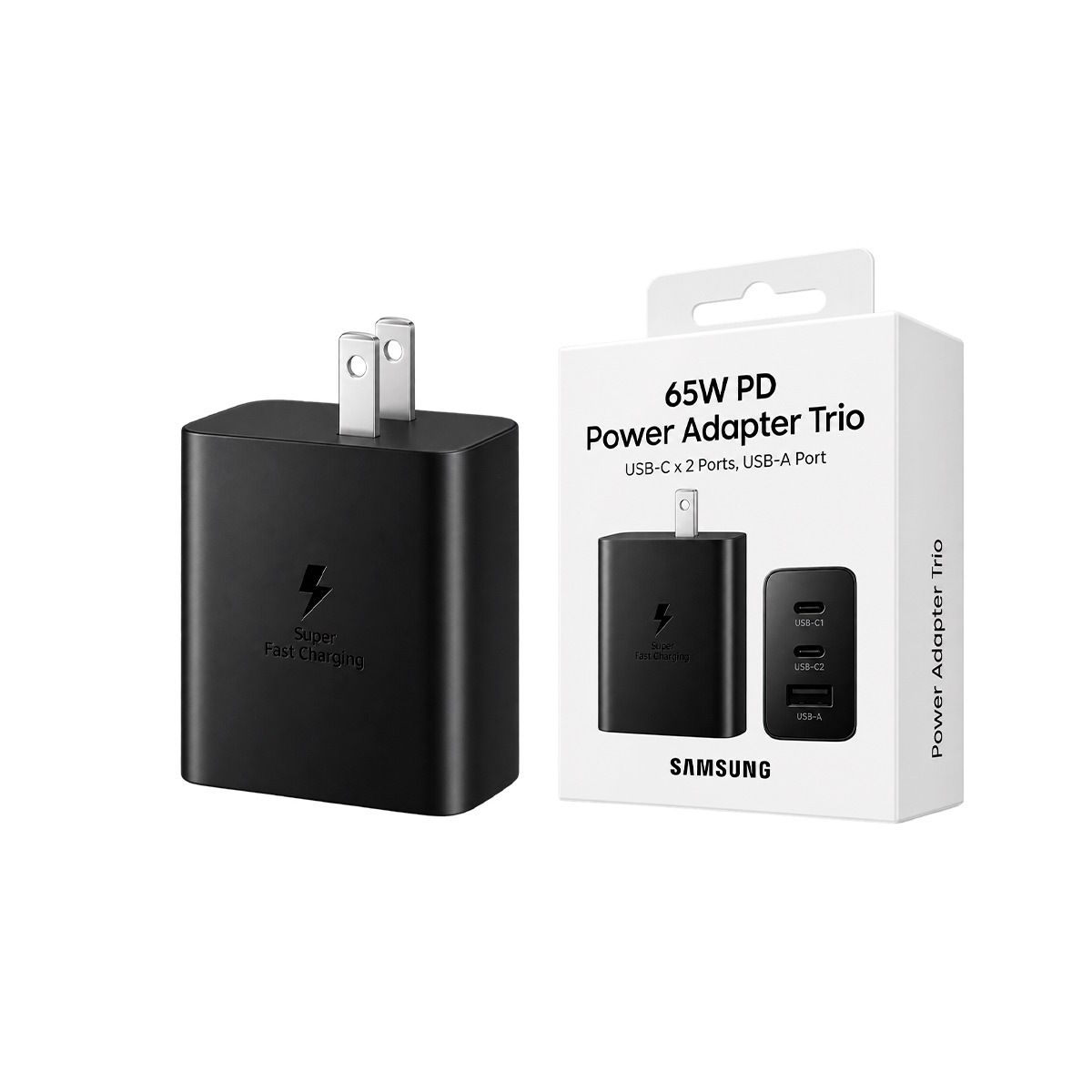 Cargador Samsung original de 65W con tres puertos, dos USB-C y un USB-A, con su caja